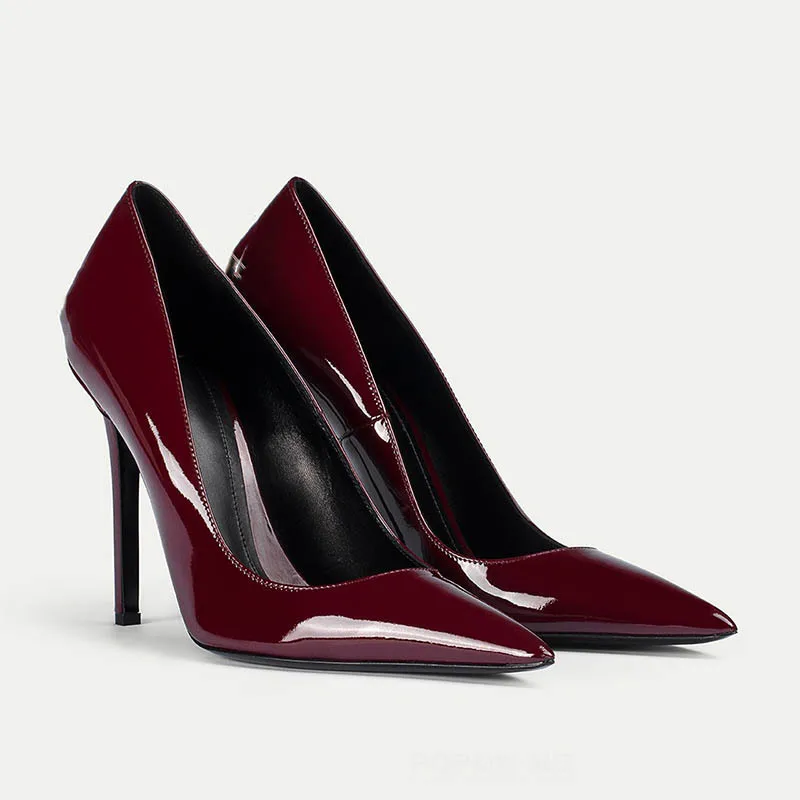 صنادل جلدية لامعة بحزام واحد خنجر السيف الأسود الصولجان عالية الكعب خمر حواف حادة مضخات أحذية النساء Chaussure