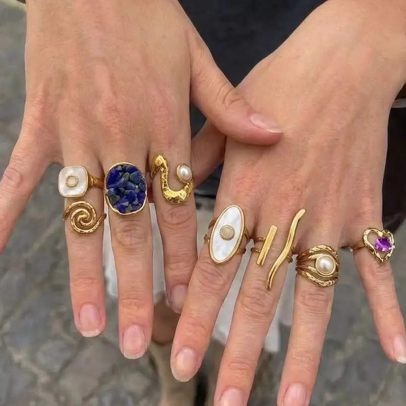 Stainless Steel French Vintage Irregular Open Ring for Women Fashionable Stackable Dry Flower Waterdrop Finger Ring Jewelry Gift