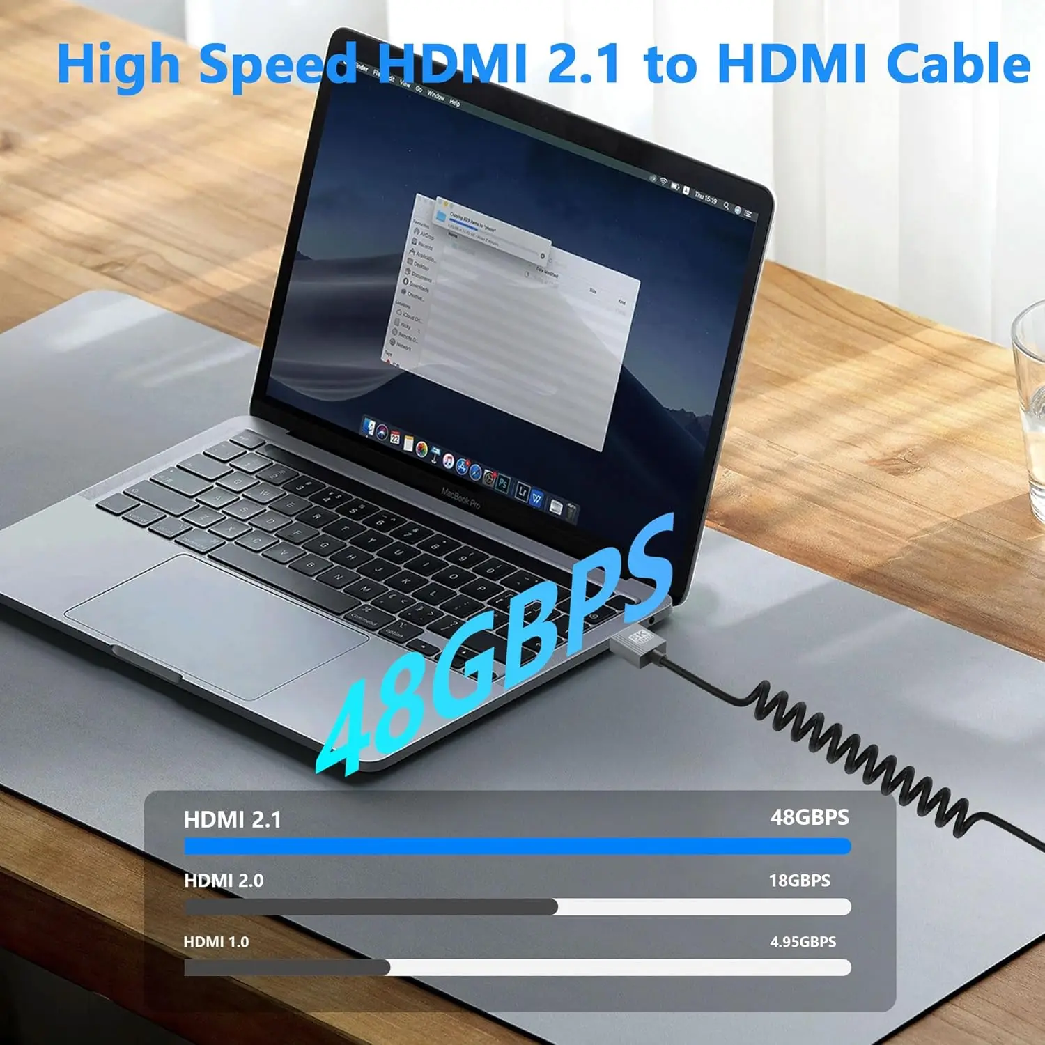 8K 60Hz HDMI 코일 케이블, 울트라 HD 고속 HDMI to HDMI 코일 케이블 2.1, 3D 및 다이나믹 HDR 지원, 최대 48Gbps, 호환 가능
