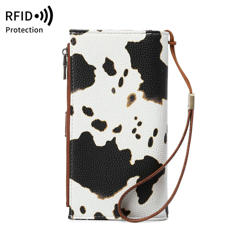 Western RDIF Blocking Leopard Ziipper Multi-functional Three Floded Women Wallet Large Capacity Purse for Ladies