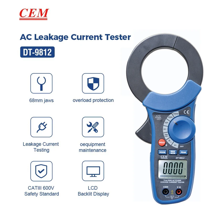 Testeur de courant de fuite CEM AC, 0,1 mA-1000A, pince ampèremétrique à mâchoire 68mm, Patricia Data Hold, LCD rétro-4.2, micro testeur de courant professionnel