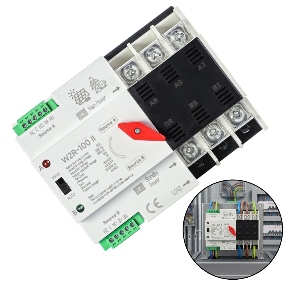 For ATS Automatic Manual Transfer Switch 3P 100A 110V Dual Power Switch for Solar Generator Main Supply Backup