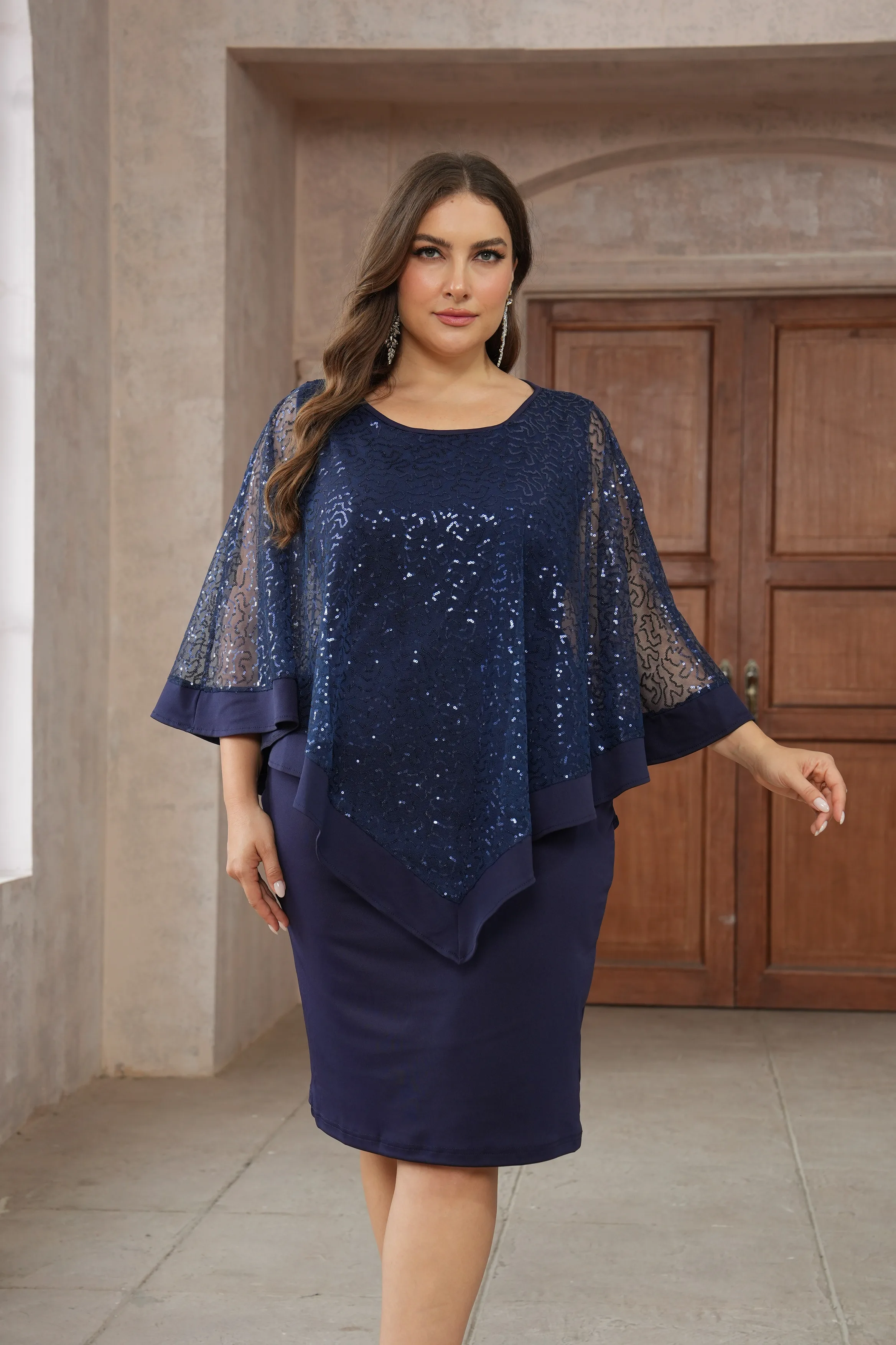 Plus Size Dames Elegante Feestjurken Pailletten Casual Jurken Cape Mouw Marineblauwe Jurken Avond Trouwfeestjurken