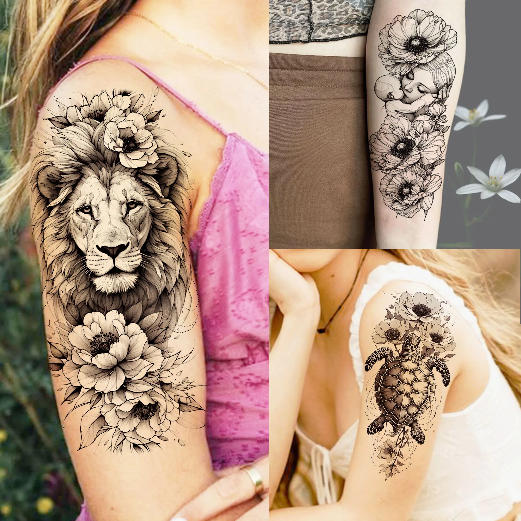 

1 Sheet Lion Turtle With Flowers Temporary Tattoos For Women Waterproof Realistic Animals Mother And Baby Fake Tattoo Stickers