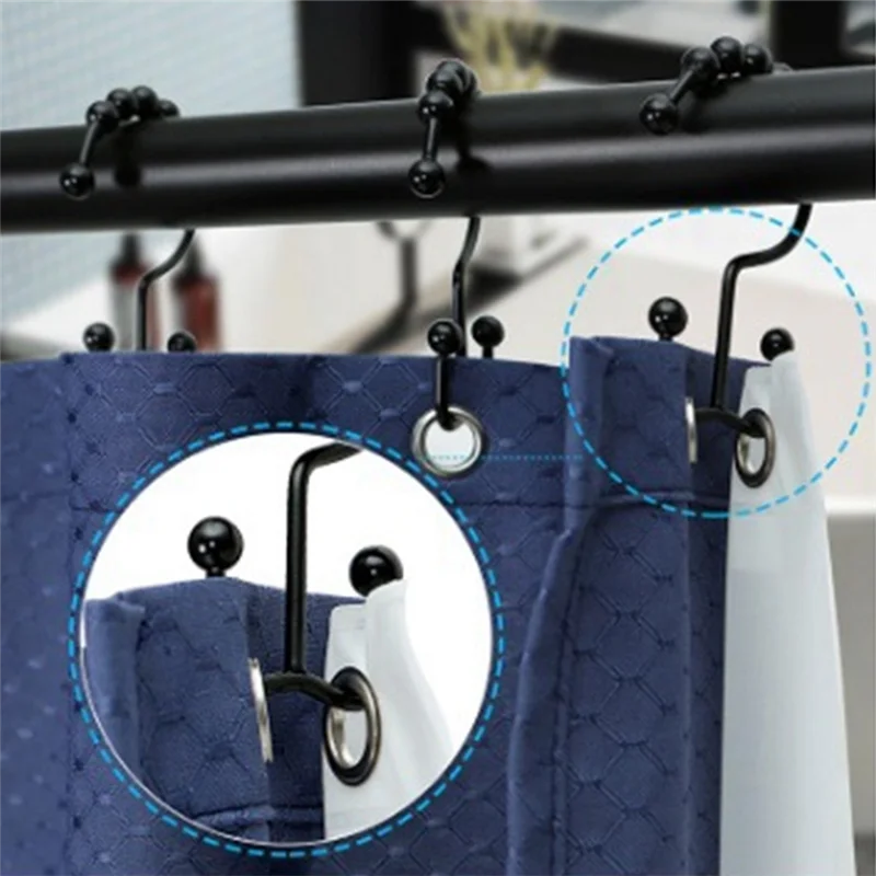 Neuer Duschvorhang-Hakenring, rostfrei, Metall, doppelt verschiebbarer Duschhakenring, geeignet für Badezimmer, Duschvorhangstange, Schwarz