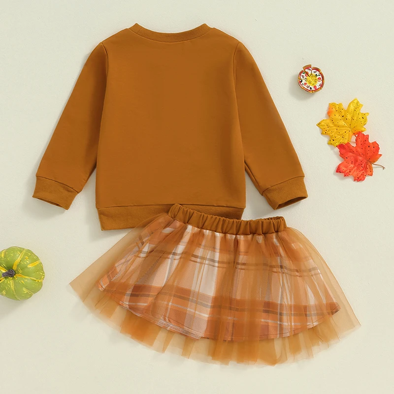 2024-05-23 Lioraitiin 6M--4Y Kids Girls Autumn 2 Piece Outfits Long Sleeve Letter Embroidery Pullover Plaid Tulle Skirt Set