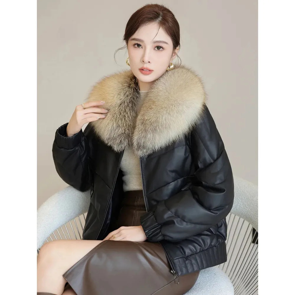 Giacca in pelle di cotone invernale di alta qualità nuova pelle di pecora da donna cappotto in pelle nera collo di pelliccia piumino corto parka Outwear