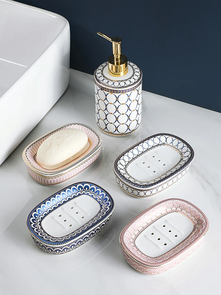 Nordic Home Decoration Gold Inlay Double Layer Holder Bathroom Ceramic Dish With Drain Hole Soap Container Soap Stand