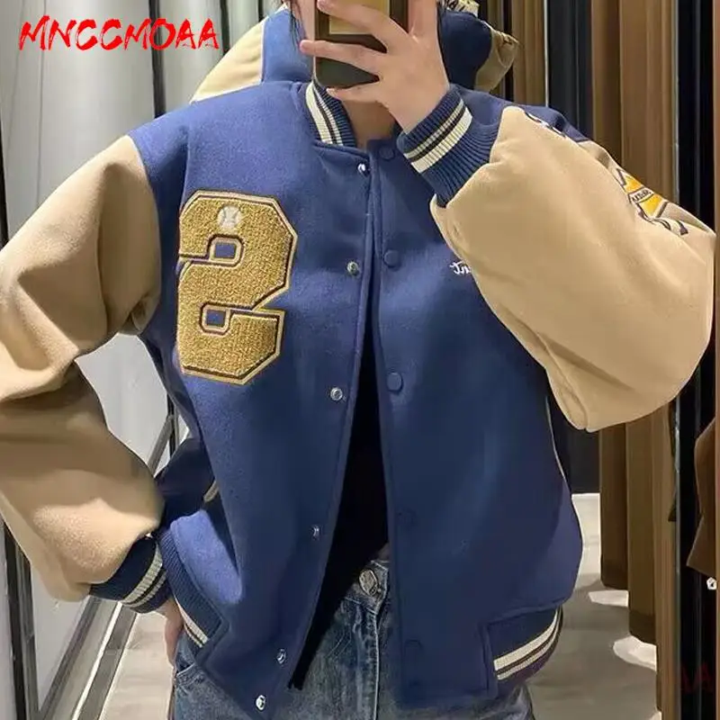 MNCCMOAA-Vintage Baseball Jacket for Women, Casual Coats with Pockets, Female Outwear Tops, High Quality, New, 2024