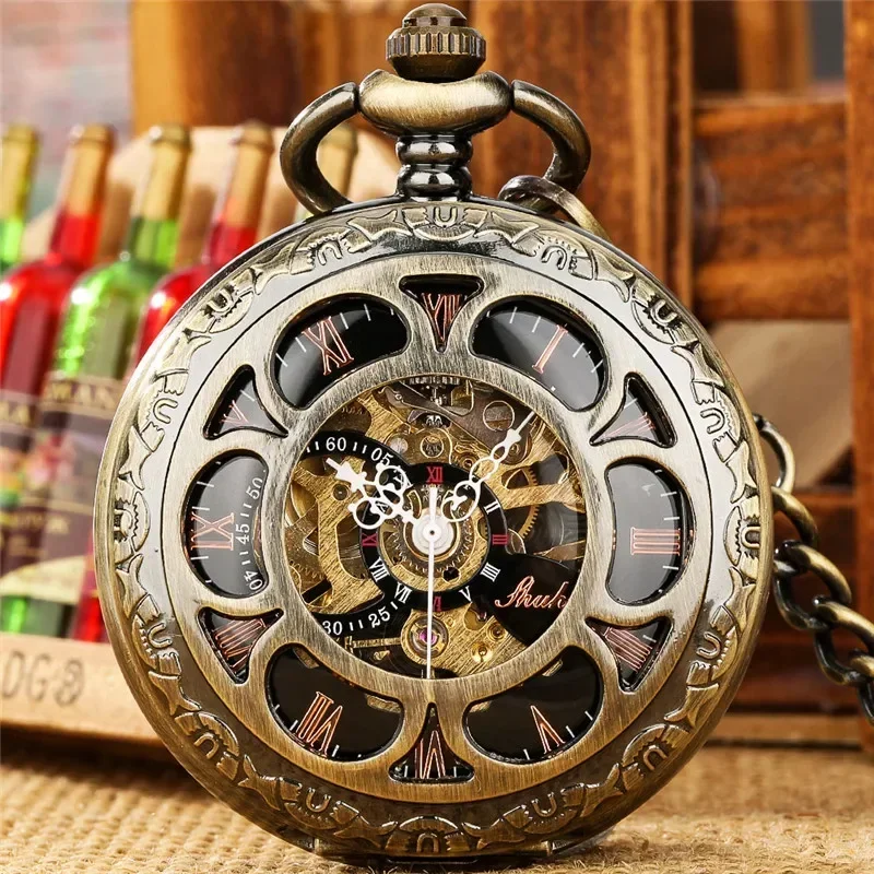 Vintage Style Pocket Watch Hollow Out Case Men's Handwinding Mechanical Watches Roman Numeral FOB Pendant Chain Timepiece Gift