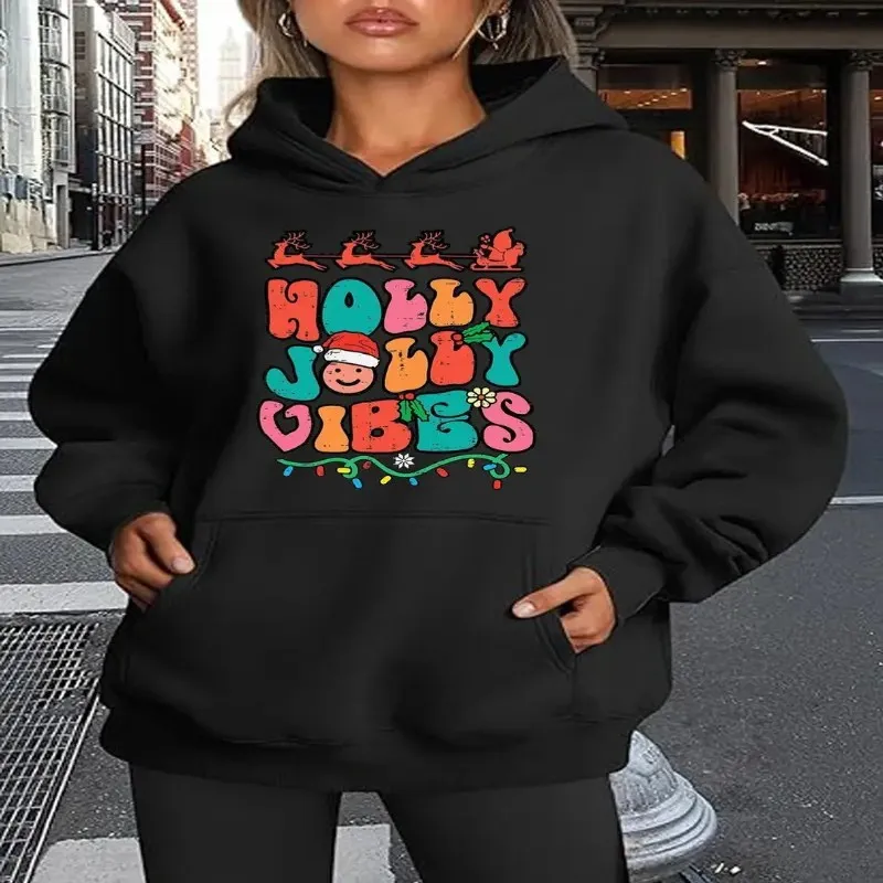 Sudadera con capucha navideña de talla grande para mujer, sudadera retro navideña con acebo, sombreros de Papá Noel, acogedora sudadera con cordón