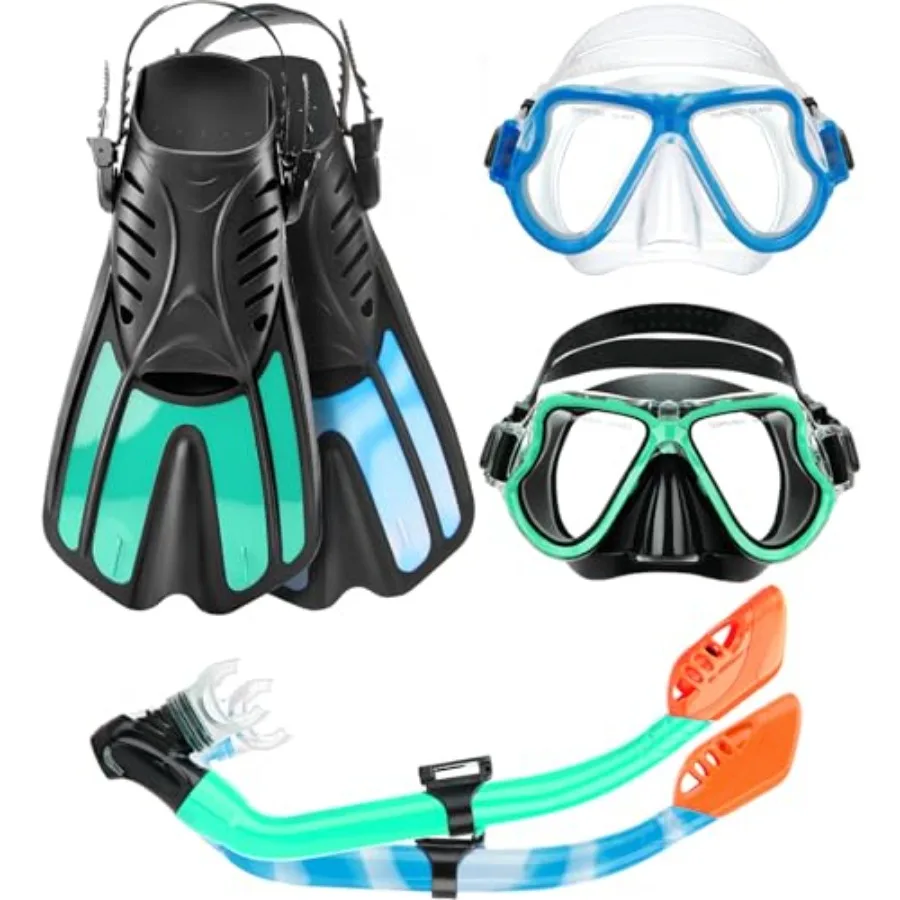 

Snorkeling Gear for:4-in-1 Set with Panoramic Anti-Fog Mask, Dry Top Snorkel, Trek Fins, Travel Bag Blue/Black, Lightweight Adj