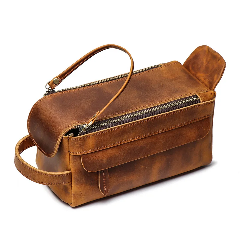 Genuine Cowhide Leather Toiletry Bag Large Capacity Distressed Dopp Kit With Hanging Handle For Men Travel Ample Storage Space