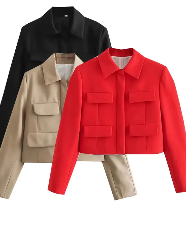 2024 Women\'s Red + Black Jacket Solid Turn Down Collar Long Sleeve Cropped Tops Female Fashion Versatile Chic Coat Trendy