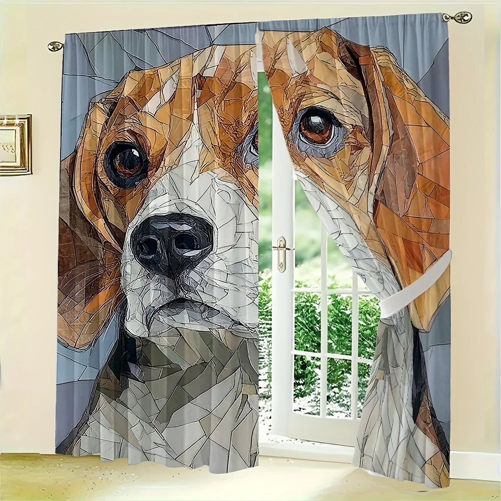 2pcs Low-Poly Beagle Curtains No Rod Faceted Digital Portrait Teal Gray Blackout for Living Room Bedroom Art Decor Pet Home