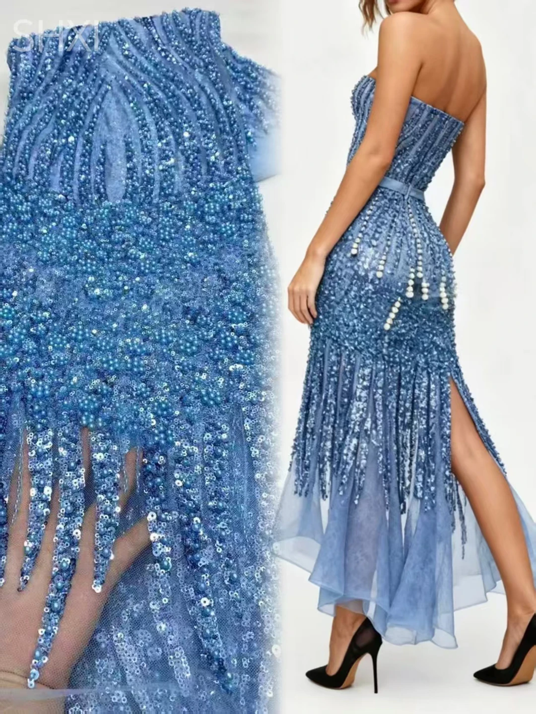 

Сверкающая кружевная ткань с блестками и бисером для вечернего платья, выпускного платья, блестящий эластичный тюль, материал для свадебной вечеринки 2026