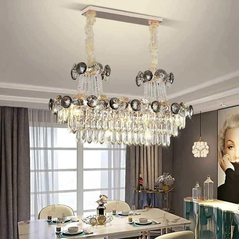 

Luxury Rectangle K9 Crystal strip Chandelier Pendant Light Dimmable Brass Ceiling Lamp Color Change for Living Dining Room