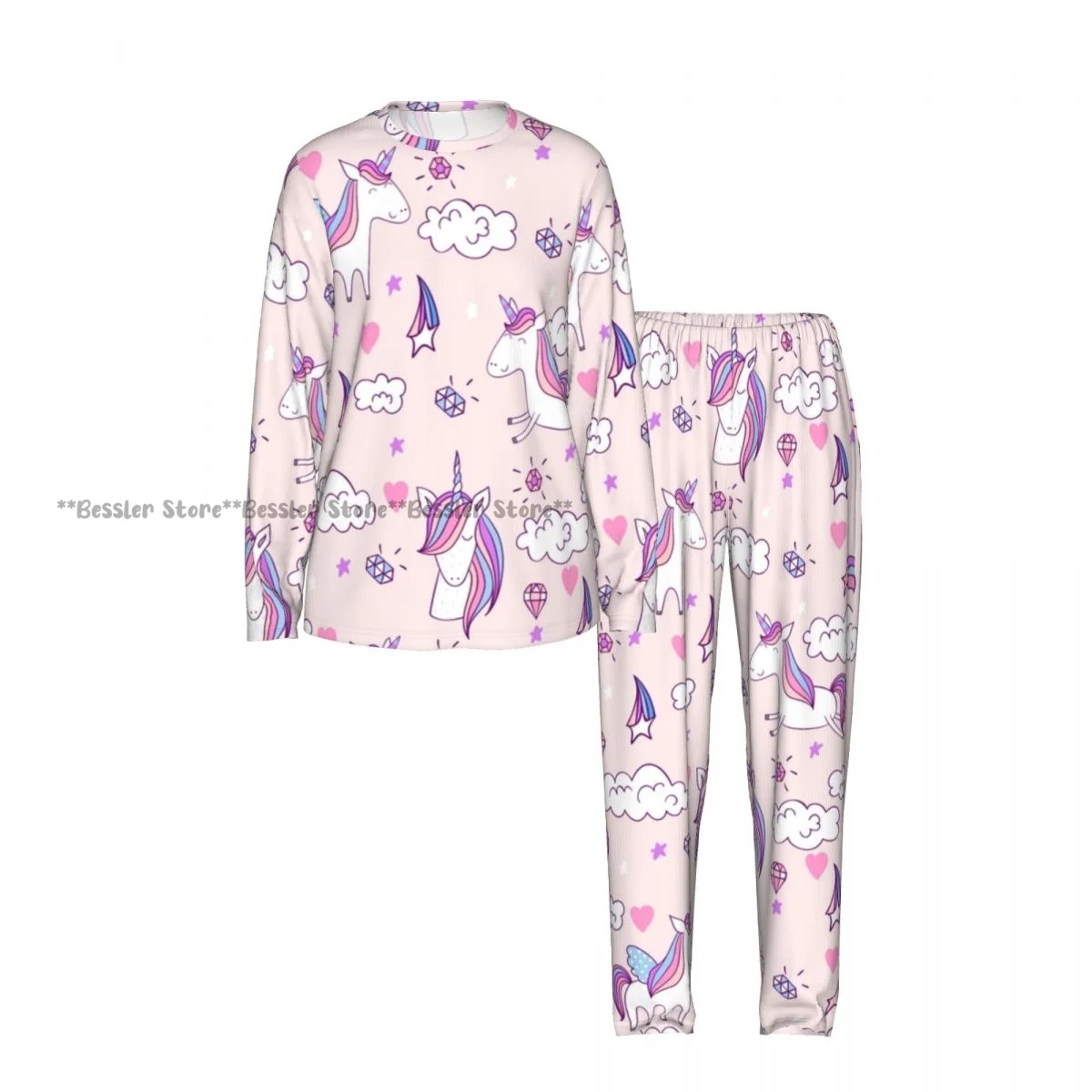 Women Round Neck Pajama Suit Long Sleeve Tops Long Pants Magic Cute Unicorn With Castle Pattern Ladies Nightwear Home Outfit