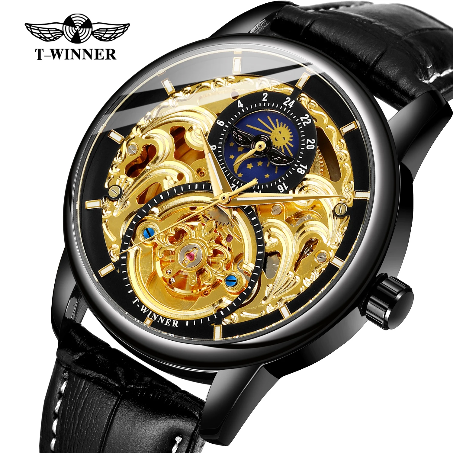 

Mechanical Watch Men Moon Phase Carved Skeleton Dial Mens Watches Luxury Brand Design Fashion Wrist Watch For Men Leather Band