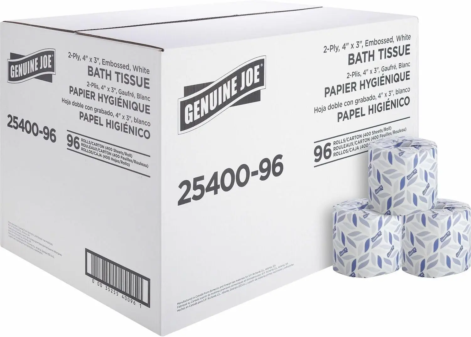 Premium 2-Ply Bath Tissue, 3" x 4", 400 Sheets/Roll, 96 Count - Soft & Strong for Home Use