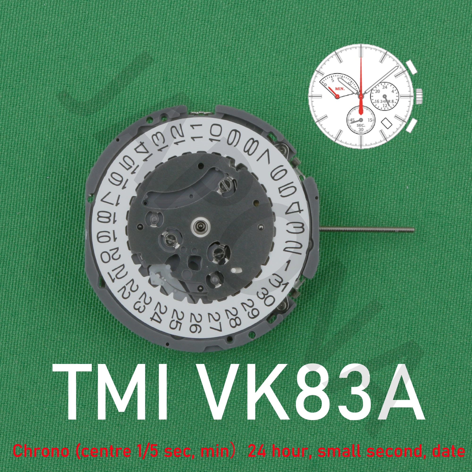 

Японский механизм VK83 TMI VK83A, механизм для хронографа (центр 1/5 сек, мин.) 24 часа, маленькая секунда, точное время даты, кварцевый механизм