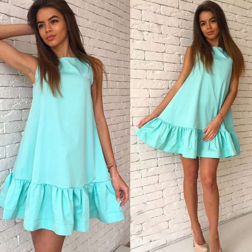 Vrouwen casual mouwloze gegolfde losse mini-jurk 2024 trend zomer effen strand chiffon jurk elegante vestidos kleding