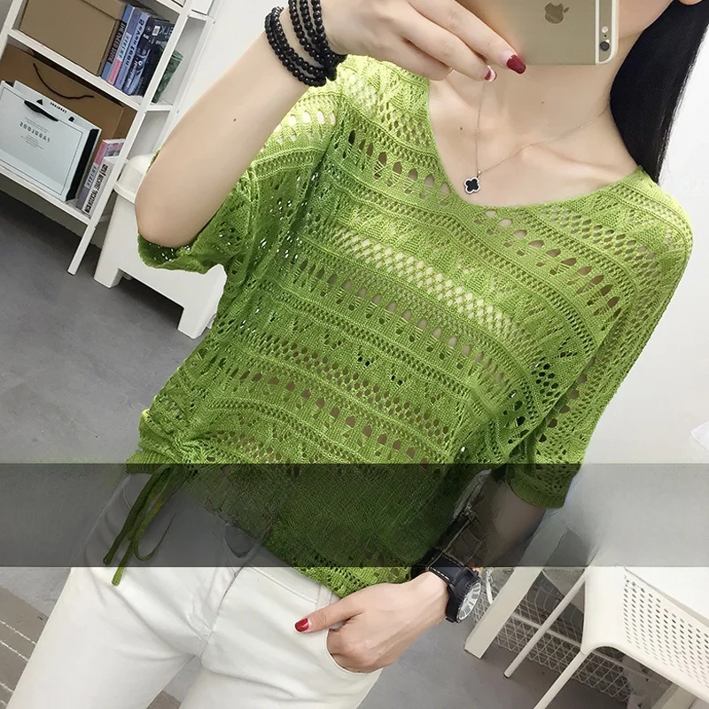 

Faionable Knitted Hollow out Batswing Top Women's Sweater Spring Autumn New Arrival Korean Sle Commute Sle Loose Fit