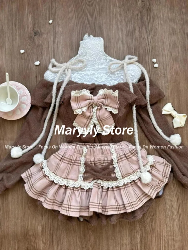 Japanese Sweet Fashion 2 Piece Sets Women Retro Brown Off Shoulder Tops + Fluffy Mini Cake Skirt Autumn Winter Vintage Outfits