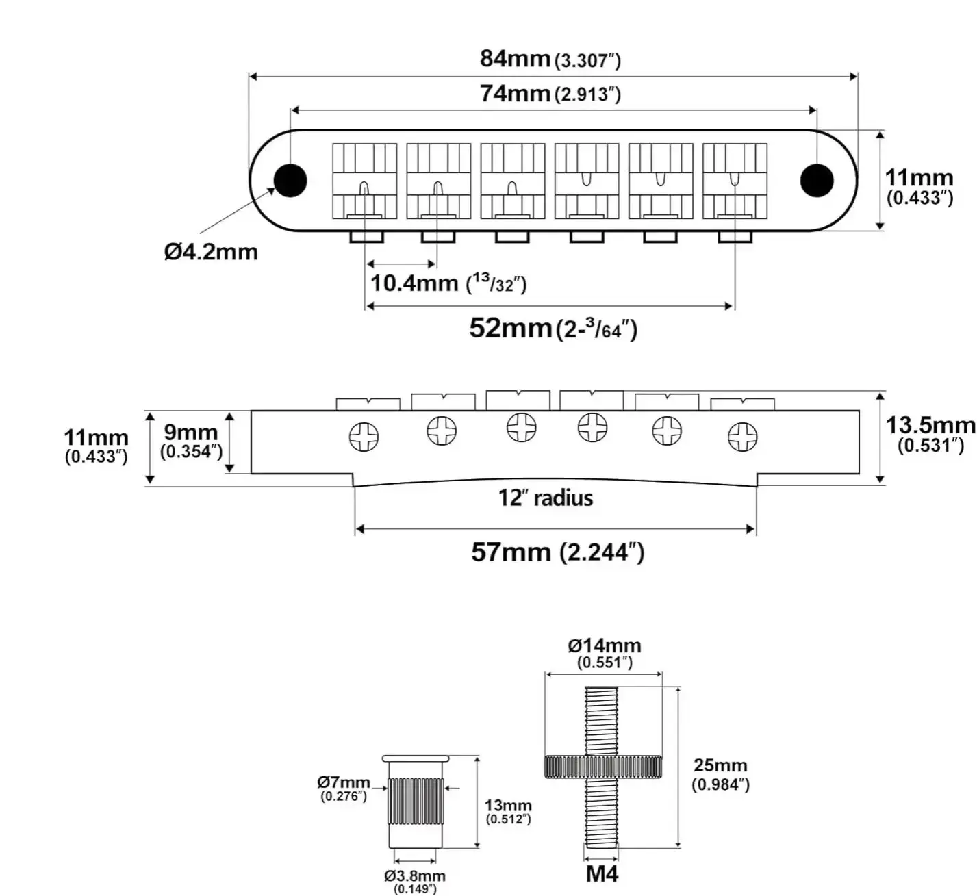 Wilkinson WOGB1 52mm (2-3/64 inch) Tune-O-Matic Bridge for USA  SG Electric Guitar, Chrome