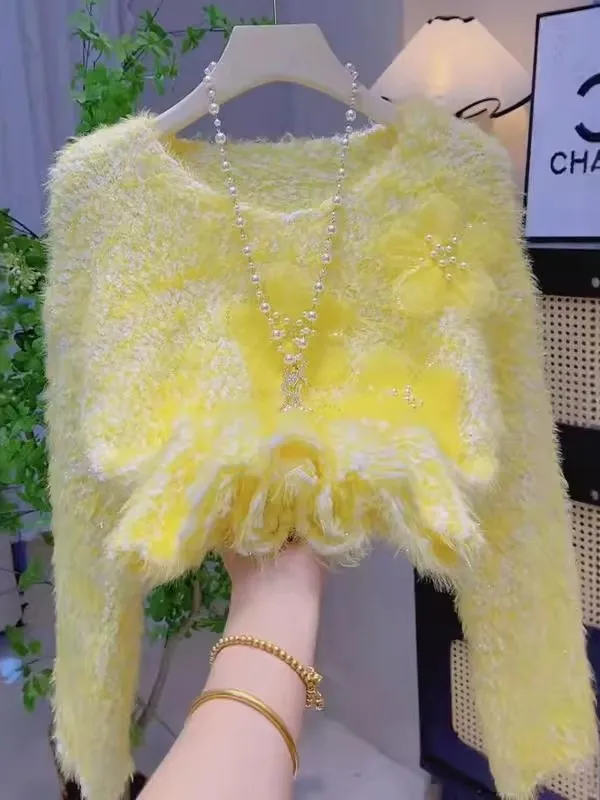 

Ladies' ort Knitted Sweater Base irt Yellow Faux Mink Inner Wear Flower Embellied Autumn Winter Warm round Ne Top