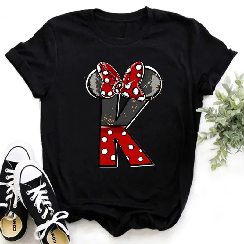 2024 Disney Kids Clothing Minnie Mouse Red Gold Grey Black Glitter Hand-drawn Letters A-Z Print Girls T-shirt Black Y2k Tops