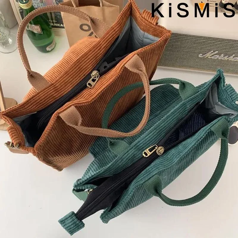 KISMIS 1Pc Women Corduroy Tote Ladies Casual Shoulder Bag Foldable Reusable Shopping Beach Bag Canvas Bags Handbag