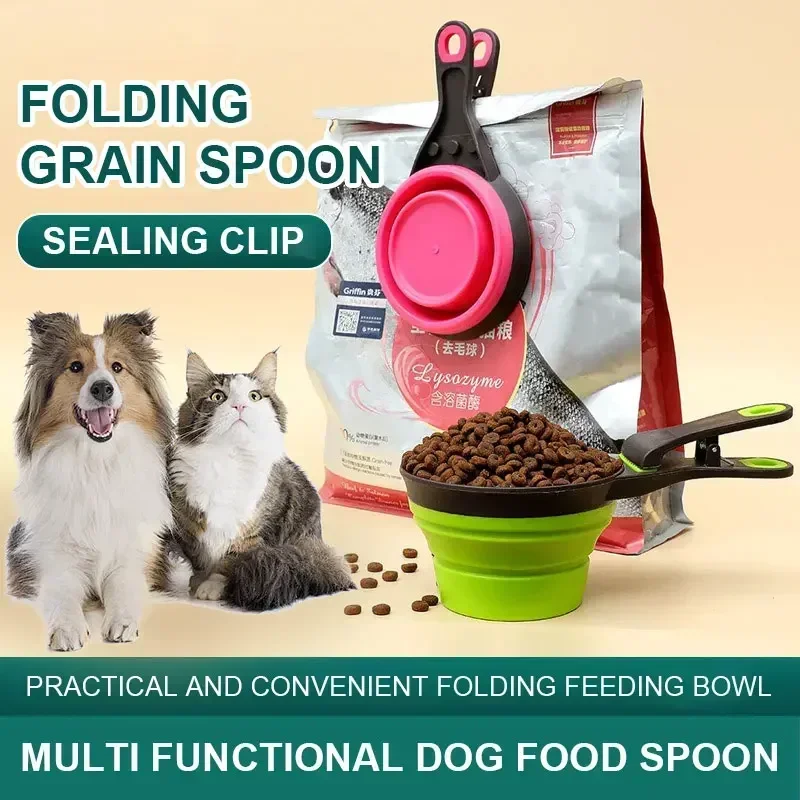 Pet Folding Feeder Water Spoon Outdoor Bowl Cat Food Measuring Cup Dog Food Sealing Clip Multifunctional Convenient Pet Supplies