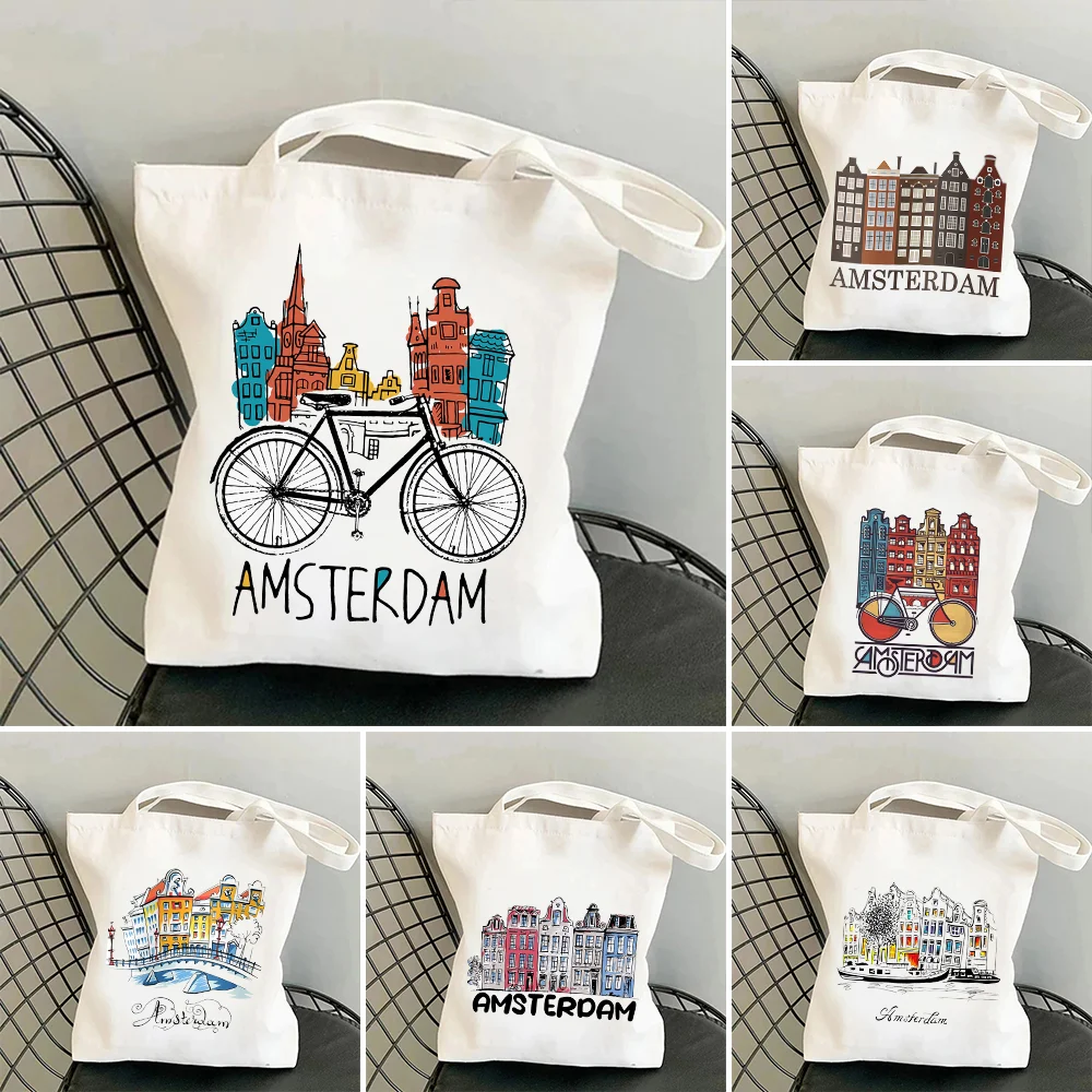 

City view Amsterdam Canal and Houses Netherlands Women Canvas Shoulder Bag Handbag Tote Eco Shopper Reusable Cotton Shopping Bag