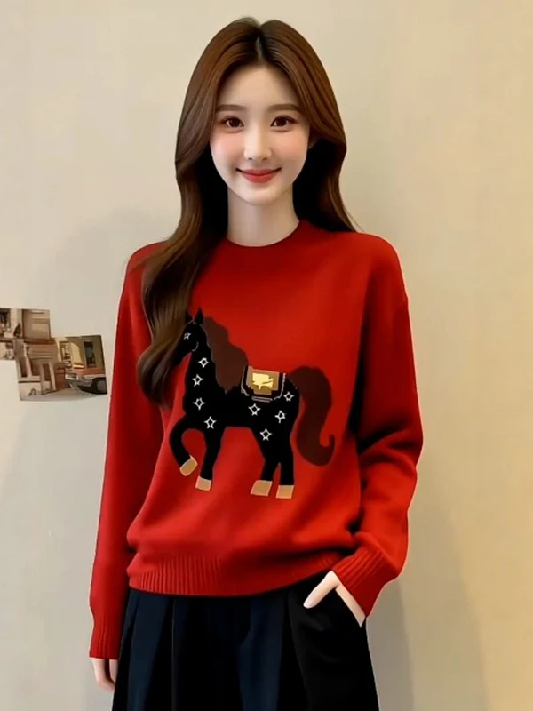 

Уникальный красивый красный свитер с вышивкой, свободного кроя, женский, новогодний, модный, из высококачественного материала, повседневная внутренняя одежда