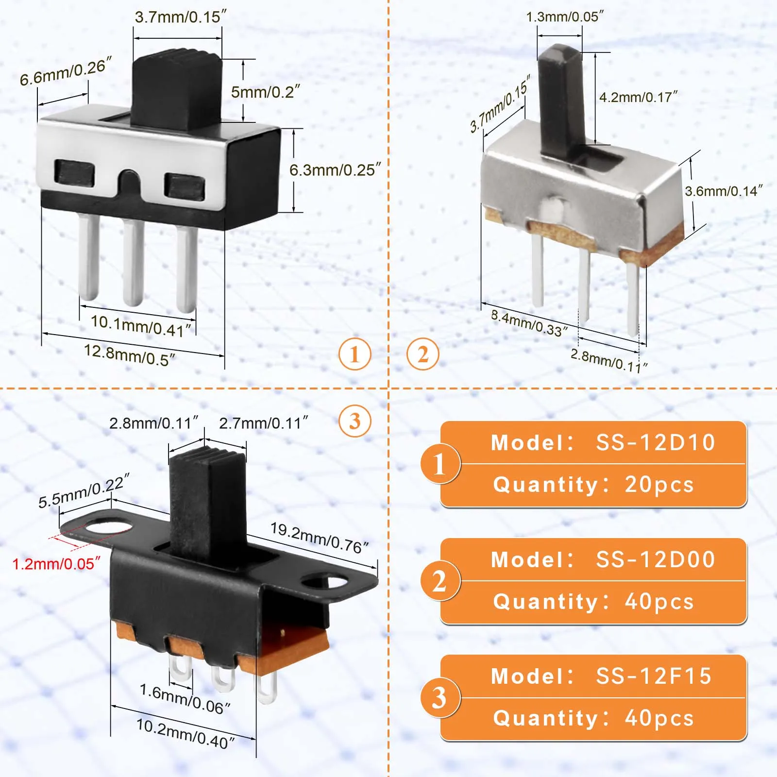 100pcs Micro Slide Switch 2 Position 3 Pin High Knob Mini Vertical Slide Switches SPDT 1p2t  SS-12D10 SS-12F15 SS-12D00 For PCB