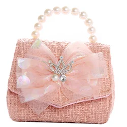 Pink Princess Crown Colorful Bow Children's Bag Fashion Hand-held Pearl Diagonal Girl Cross Body Shoulder Messenger Bags Purse