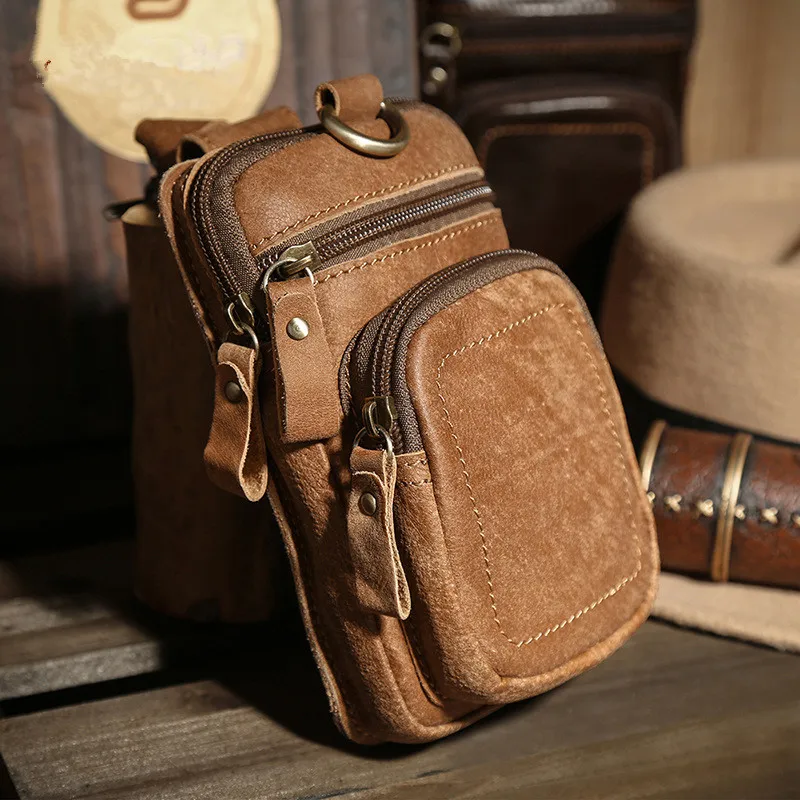 Retro Casual Sports Fanny Pack New Running Bag Men's Top Layer Cowhide Multifunctional Wear Belt Waist Bag Phone Bag