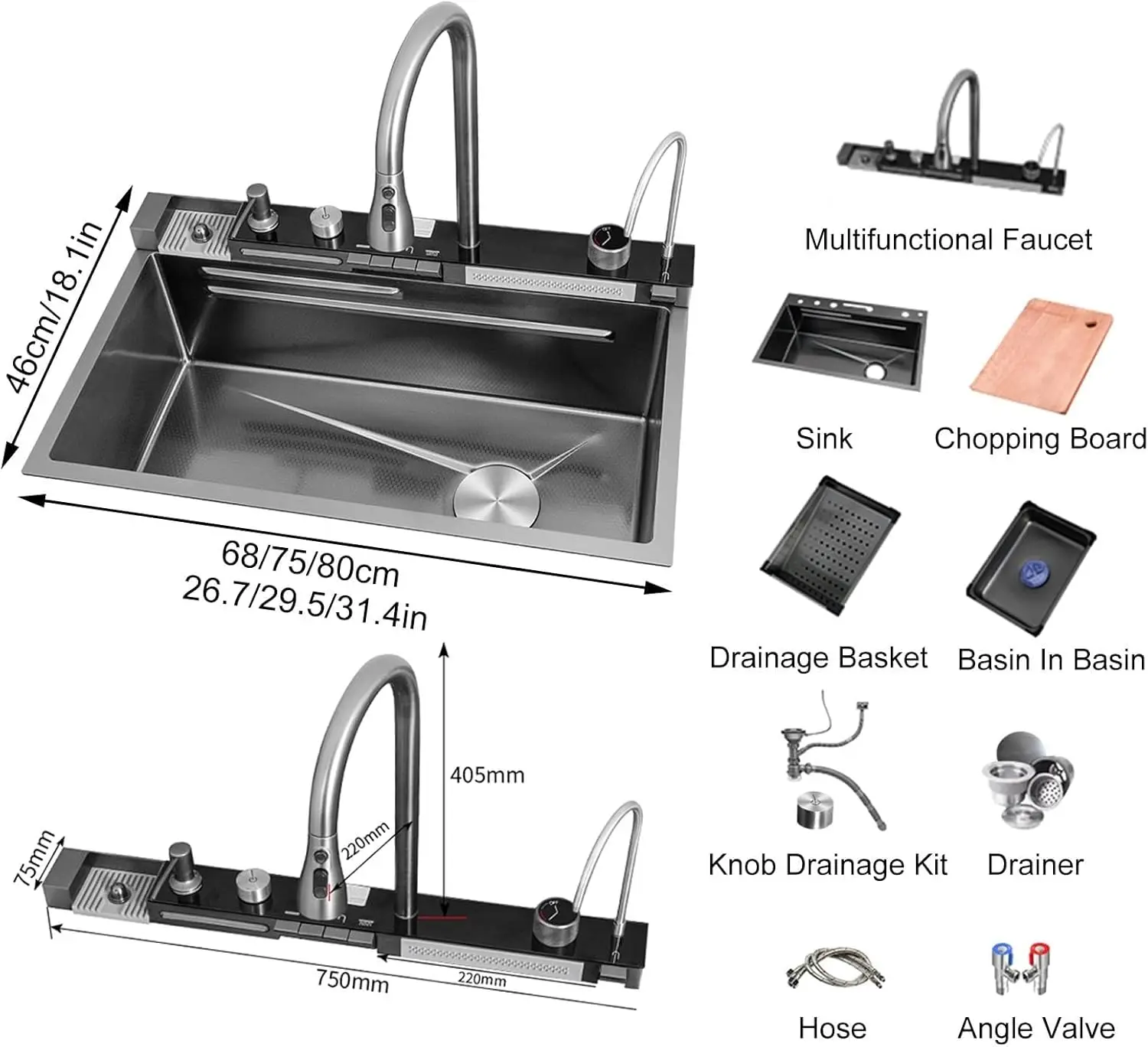 Piano Key LED Digital Display Kitchen Sinks Anti-Scratch Waterfall Kitchens Sinks Multifunction sink with faucet