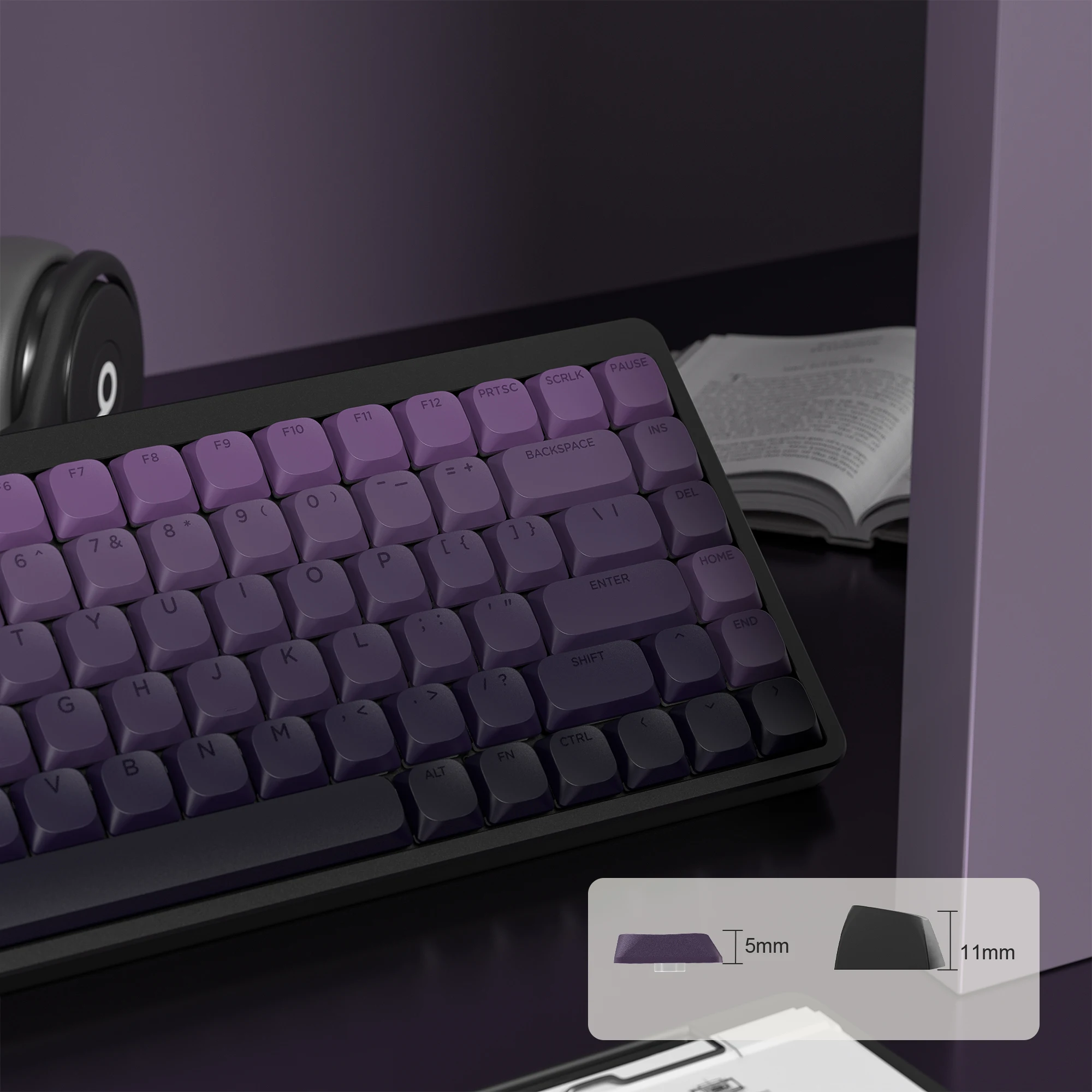 Low Profile Gradient Purple Shine Through Keycaps 132 Keys Double Shot PBT Keycaps for Cherry MX Switches Mechanical Keyboard