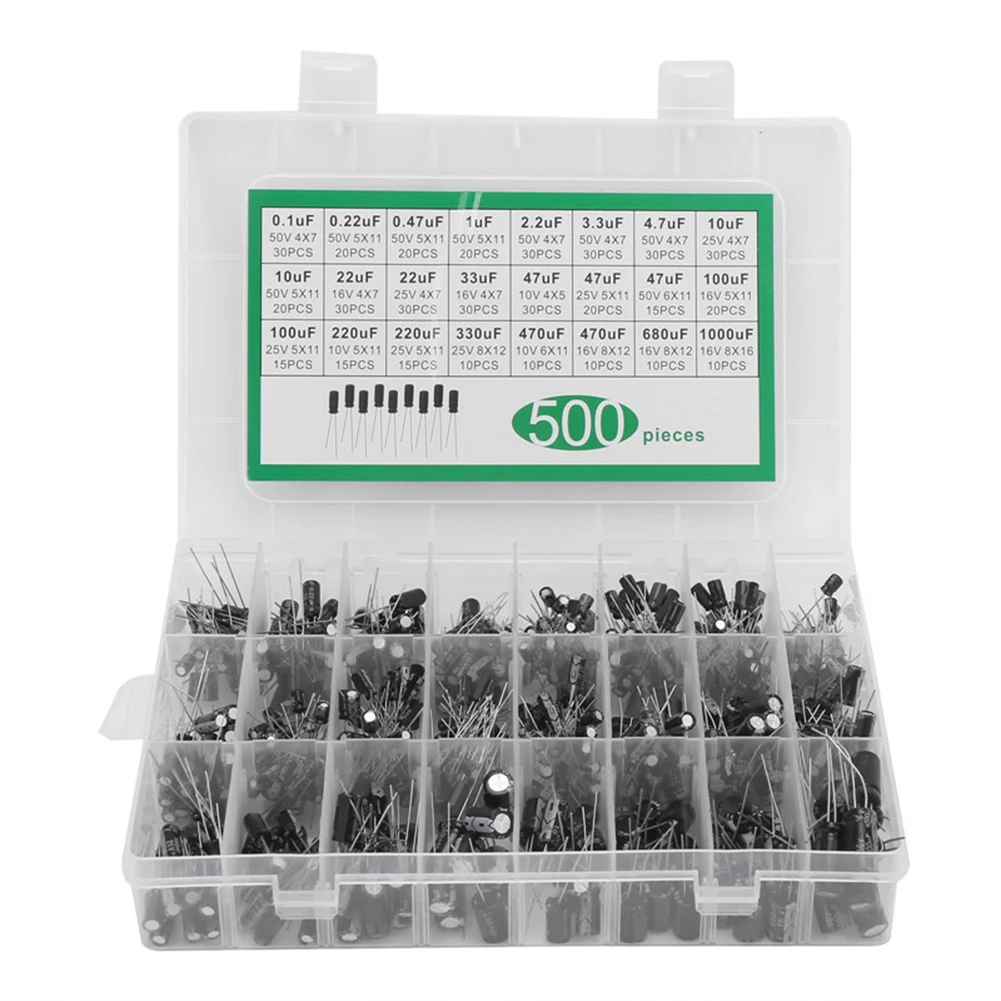 500Pcs 24 Values 16-50V 0.1-1000uF Metal Electrolytic Capacitors Assortment Box Kit Assorted Assortment Kit Bypass Low Frequency