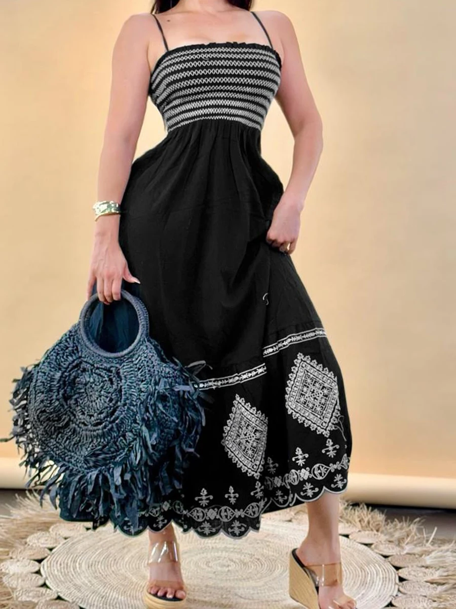 

Black Graphic Embroidery Long Dress Women Slash Neck Sleeveless A-line Vestidos Summer New Casual Fashion Bohemian Midi Dresses