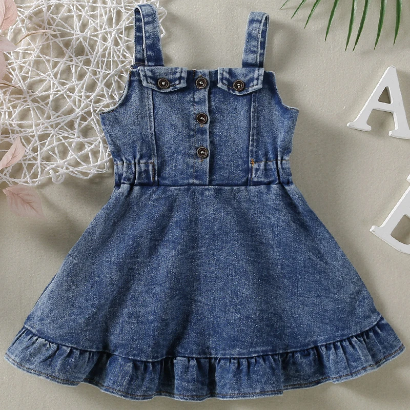 2024 Summer Outfit Newborn Girls Clothes Korean Fashion Sleeveless Button Denim Kids Dress Toddler Dresses Baby Clothing BC561