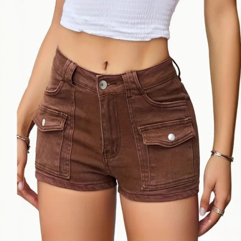 Women Denim Shorts Female High Waist Jean Short Pants 2026 Summer Elastic Cargo Shorts With Pockets Solid Color Lady Clothing