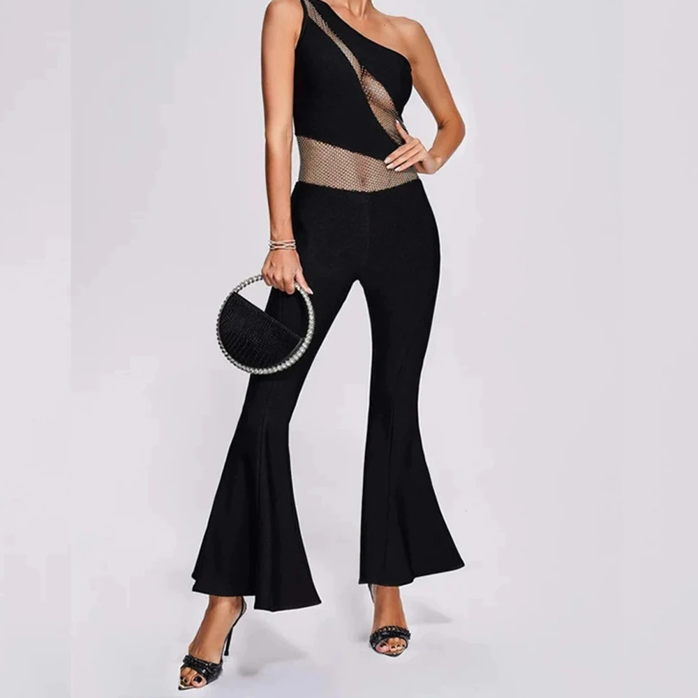 

One-shoulder jumpsuit Amazon European and American hot-selling mesh hollow jumpsuit black wide-leg jumpsuit-GZXX1435