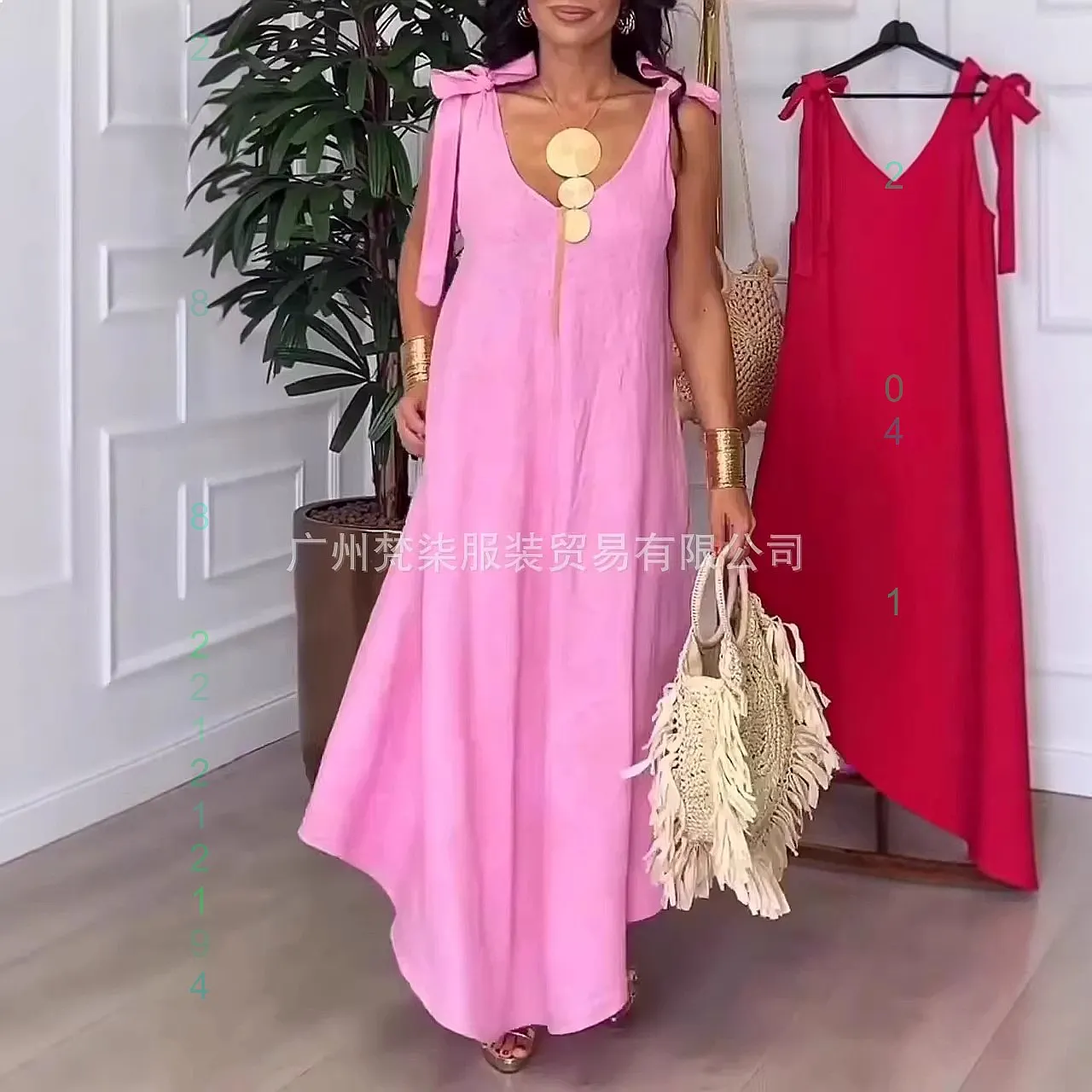 

Womens Oversized V Neck Loose Plain Casual Long Dress Summer Dresses Plus Size Sleeveless Tie