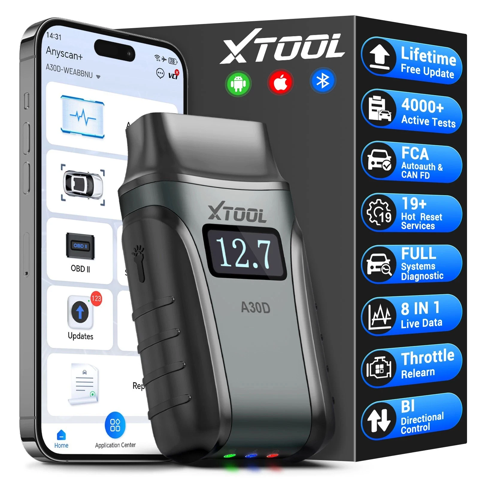 Image of XTOOL A30D KIT Anyscan+ OBD2 Scanner Lebenslang Kostenlose Aktualisierung Automobilscanner Bidirektional Alle Systeme Bluetooth Diagnosewerkzeuge CAN FD FCA 19+ Resets OBD OBDII Codeleser