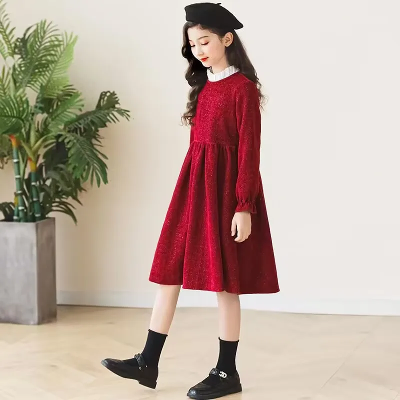 2023 autumn winter Kids Girls solid wine red Princess Teens New Year Dresses Clothes pattern pleated skirt mesh lace collar 4 12