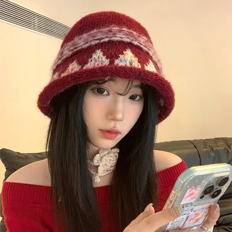 

Autumn Winter Warm Woolen Hat Hand-knitted Striped pattern Warm