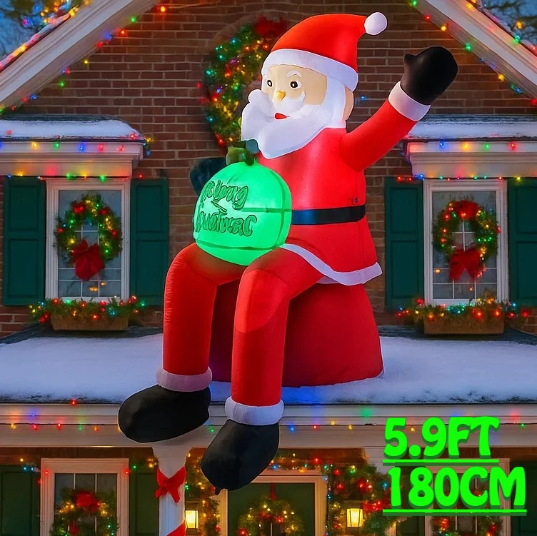 5.9FT Santa Claus Holding Gift Inflatable Christmas Decorations Xmas Ornaments Lights Outdoor Home Yard Holiday Party Decor Toys